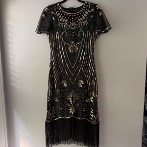 SWEETV Flapper Dress Women Medium Green Gold Art Deco Roaring 20s Gatsby